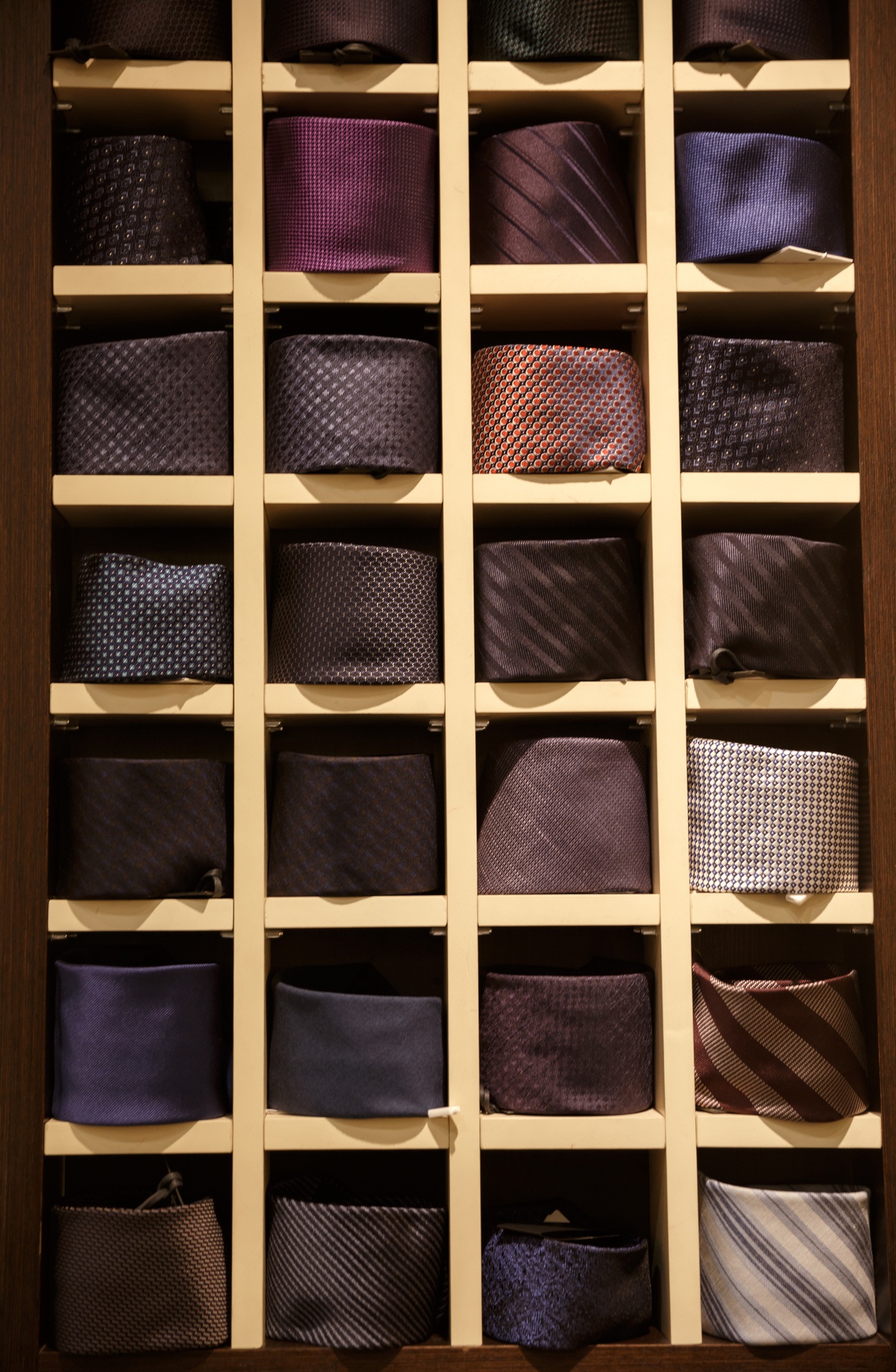 Large selection of ties in men's clothing store